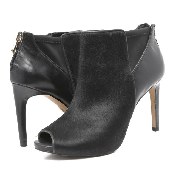 Ann Taylor Velleta Black Leather Peep-toe Ankle Booties Calf Hair Boots Heels 7 - Picture 2 of 11